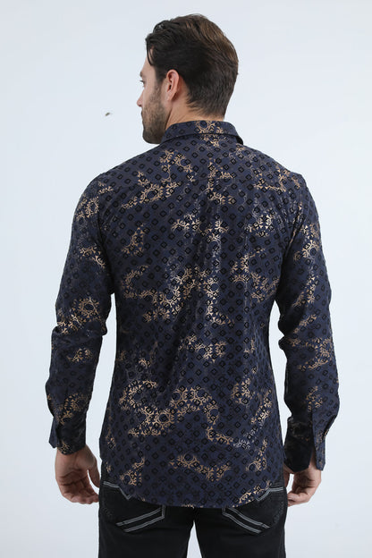 Platini Men's Modern Fit Stretch Foil Fashion Navy Shirt (MFL11173 Navy)