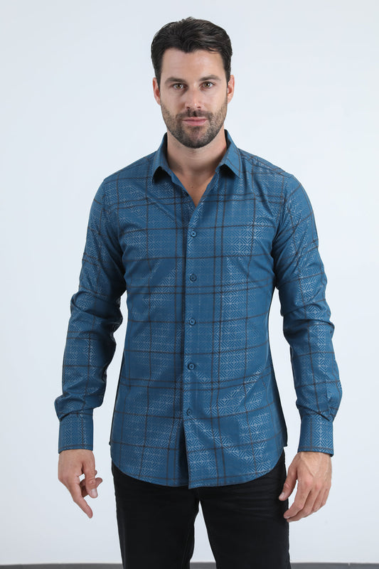 Camisa Platini de licra con corte moderno y flocado para hombre (MFL11189, verde azulado)
