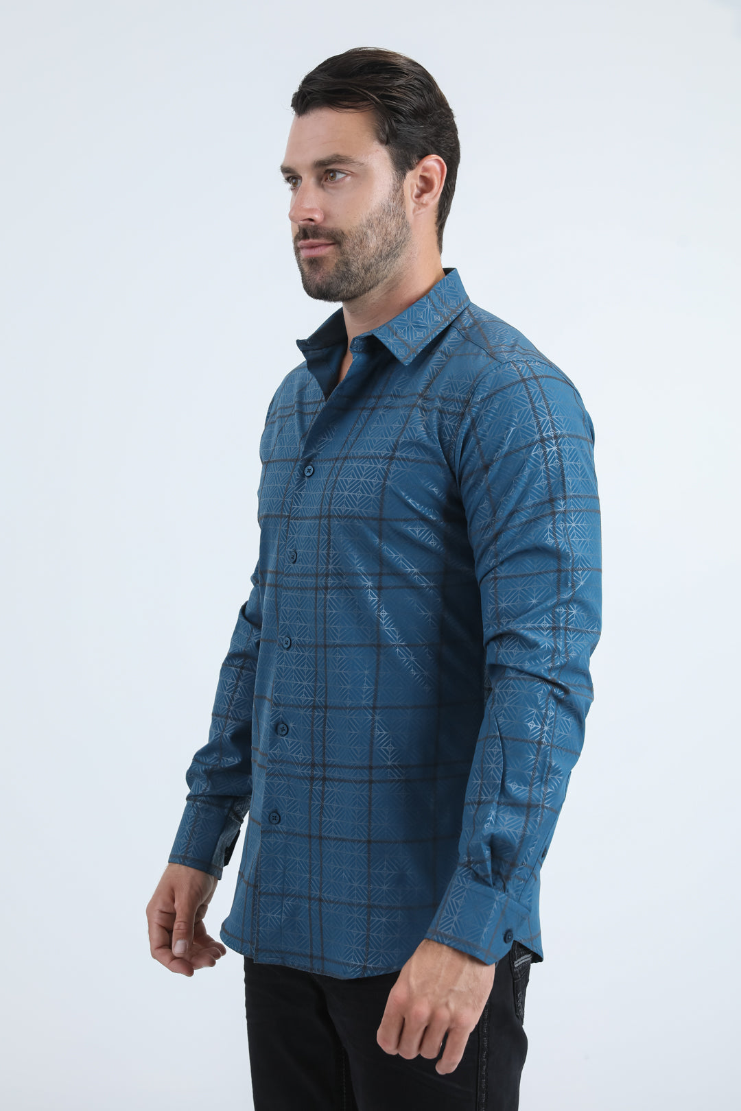 Camisa Platini de licra con corte moderno y flocado para hombre (MFL11189, verde azulado)