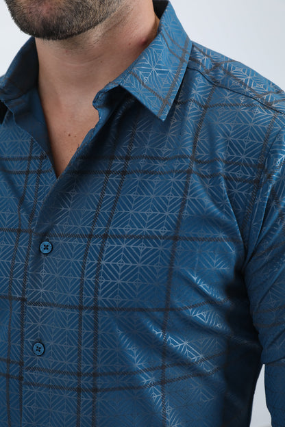 Camisa Platini de licra con corte moderno y flocado para hombre (MFL11189, verde azulado)