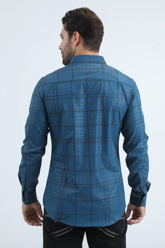 Camisa Platini de licra con corte moderno y flocado para hombre (MFL11189, verde azulado)