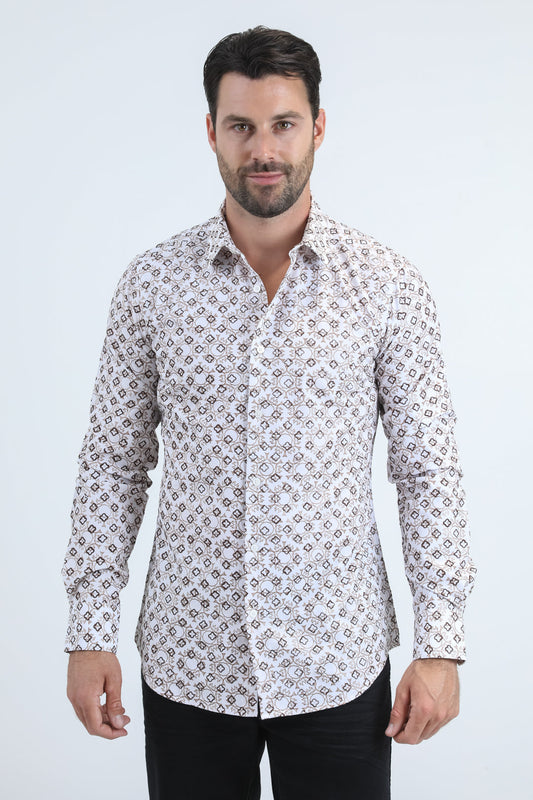Camisa Platini de spandex flocada de corte moderno para hombre (MFL11171 Blanco)