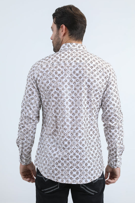 Camisa Platini de spandex flocada de corte moderno para hombre (MFL11171 Blanco)