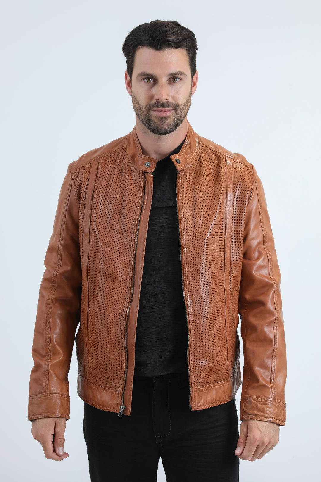 Chaqueta de motociclista perforada Platini de piel auténtica Degas para hombre (PLJ11045)