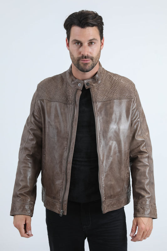 Chaqueta de cuero genuino gris estilo motero perforada para hombre de Platini (PLJ11043)