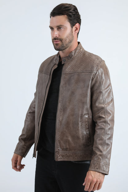 Chaqueta de cuero genuino gris estilo motero perforada para hombre de Platini (PLJ11043)
