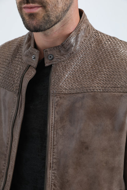 Chaqueta de cuero genuino gris estilo motero perforada para hombre de Platini (PLJ11043)