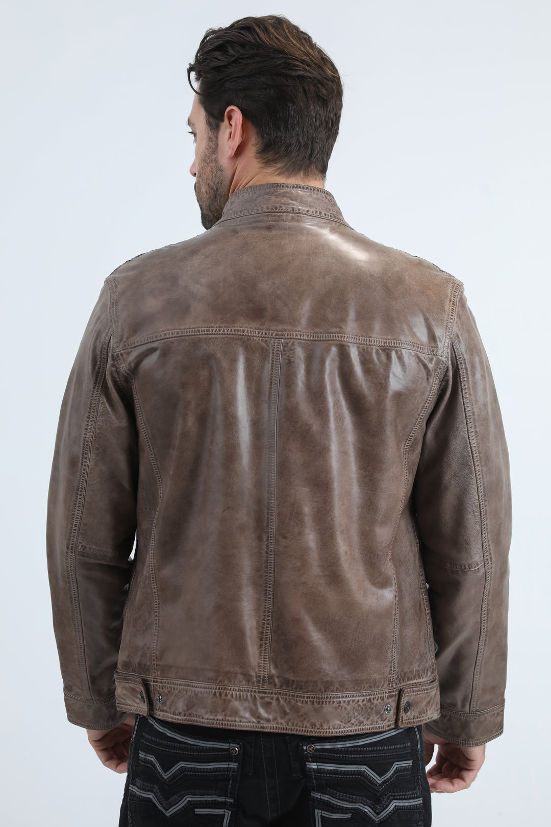 Chaqueta de cuero genuino gris estilo motero perforada para hombre de Platini (PLJ11043)