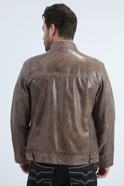 Chaqueta de cuero genuino gris estilo motero perforada para hombre de Platini (PLJ11043)