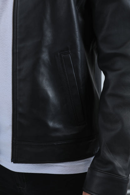 Chaqueta Platini de piel auténtica negra para hombre (PLJ11039)
