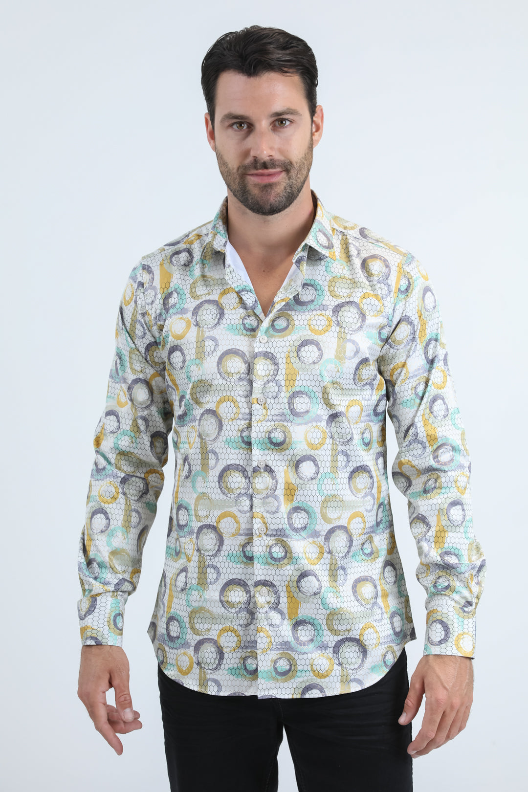 Platini Men's Abstract Interlaced Foil Shirt (FPL10954 Beige)