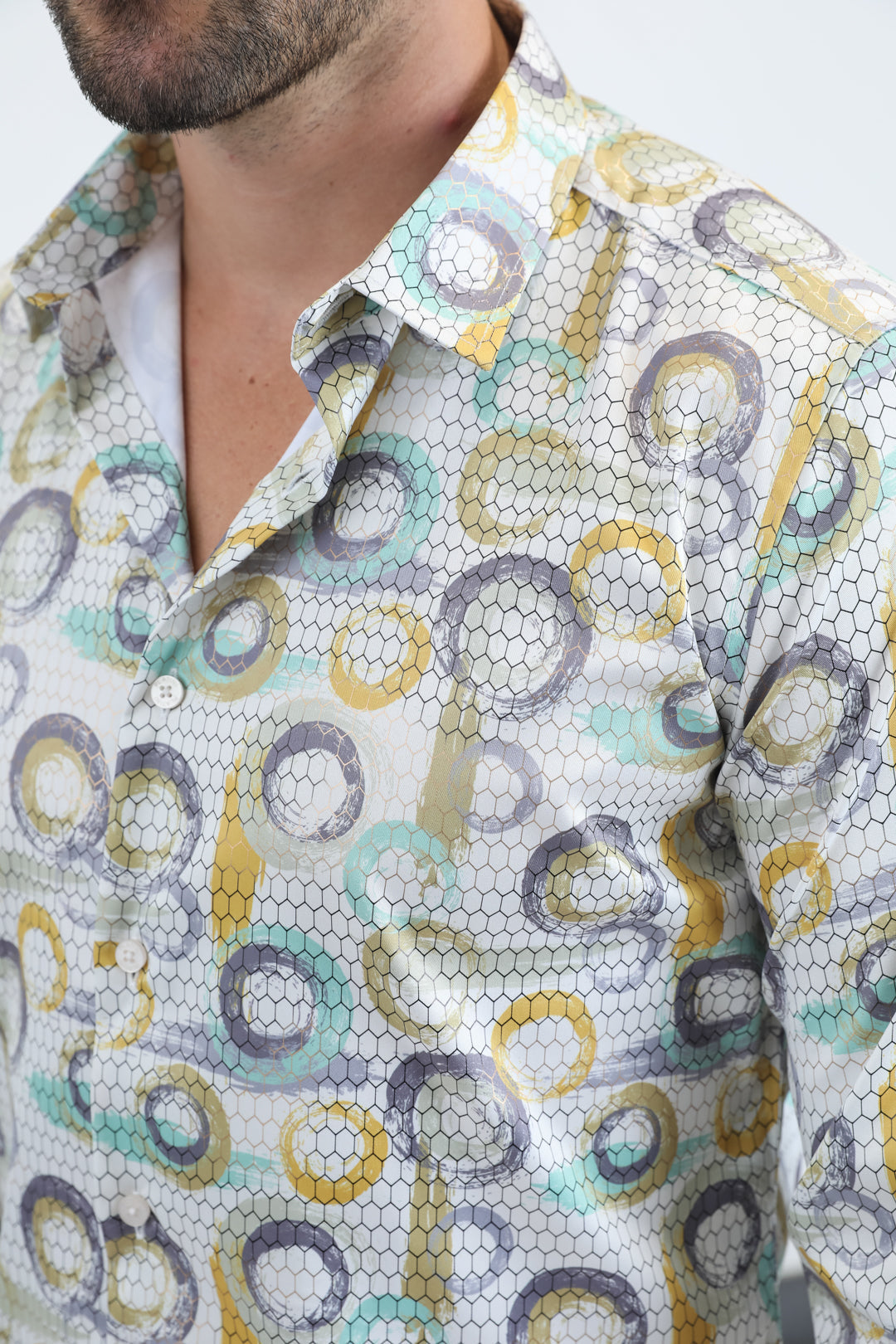 Platini Men's Abstract Interlaced Foil Shirt (FPL10954 Beige)
