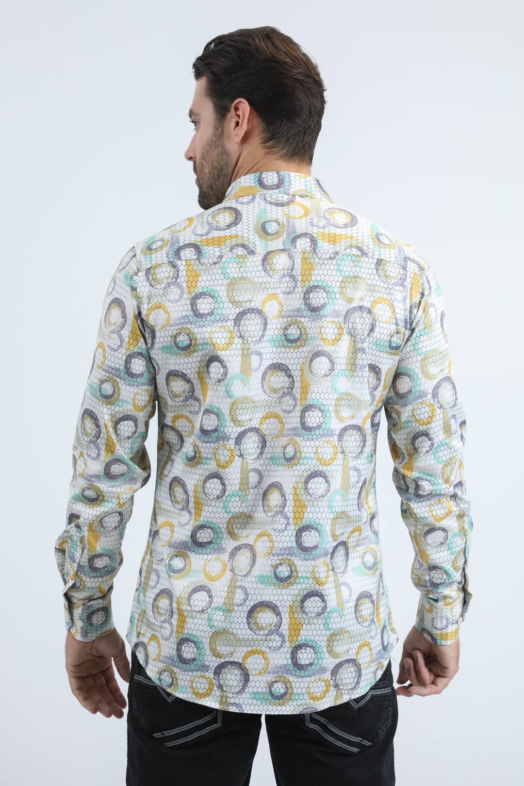 Platini Men's Abstract Interlaced Foil Shirt (FPL10954 Beige)