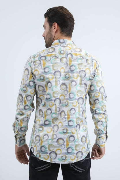 Platini Men's Abstract Interlaced Foil Shirt (FPL10954 Beige)