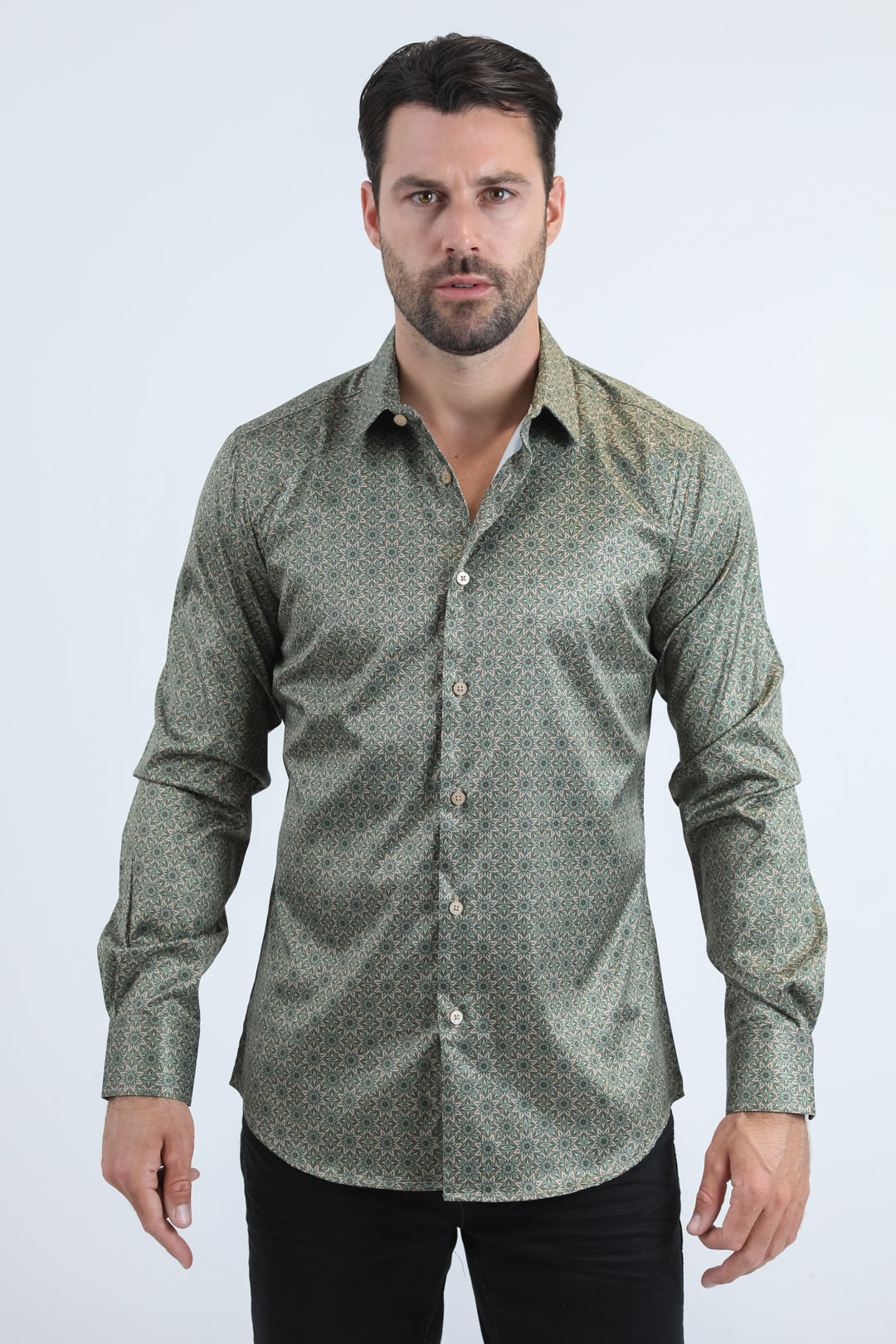 Camisa Platini de corte moderno y elástica para hombre en beige (FPL10965 Beige)