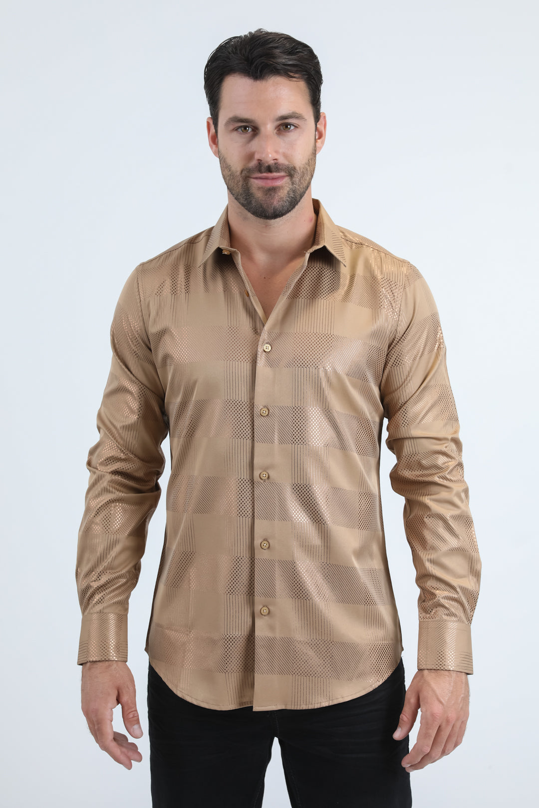 Camisa Platini de corte moderno con estampado metalizado elástico para hombre en beige (FPL11192 Beige)