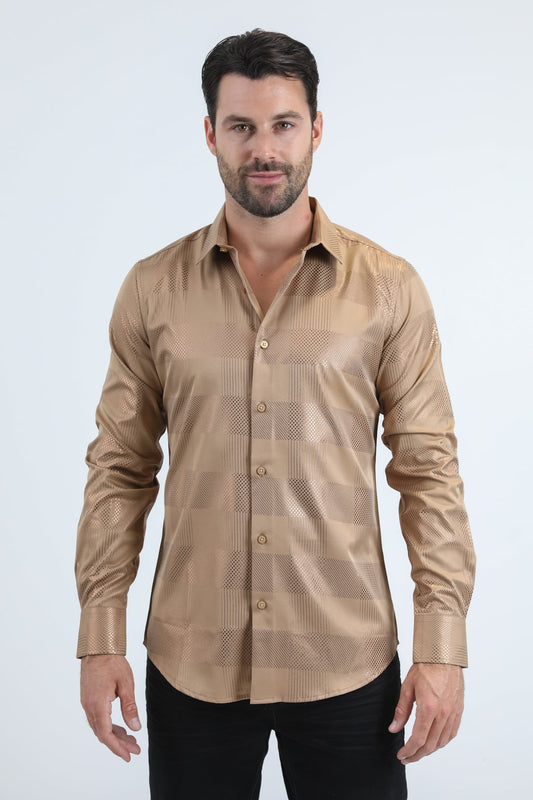 Camisa Platini de corte moderno con estampado metalizado elástico para hombre en beige (FPL11192 Beige)