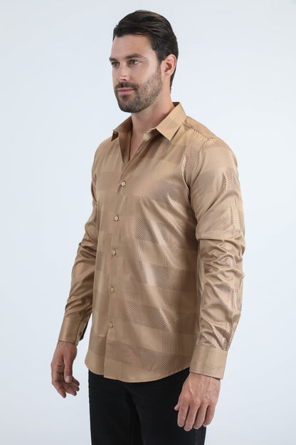 Camisa Platini de corte moderno con estampado metalizado elástico para hombre en beige (FPL11192 Beige)