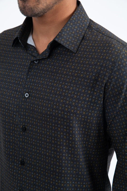 Platini Men's Stylized Floral Foil Shirt (FPL11257 Black)