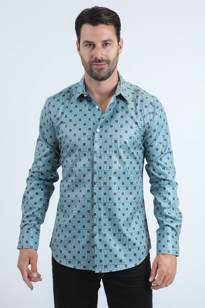 Platini Men's Modern Fit Stretch Foil Fashion Blue Shirt (FPL10959 Blue)