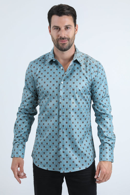 Platini Men's Modern Fit Stretch Foil Fashion Blue Shirt (FPL10959 Blue)