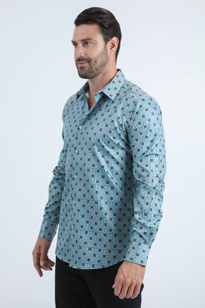 Platini Men's Modern Fit Stretch Foil Fashion Blue Shirt (FPL10959 Blue)