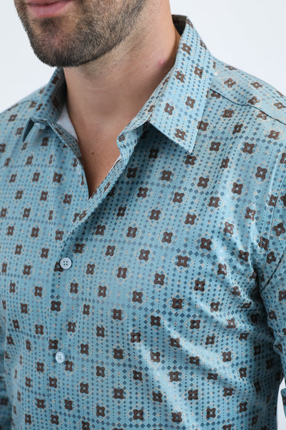 Platini Men's Modern Fit Stretch Foil Fashion Blue Shirt (FPL10959 Blue)