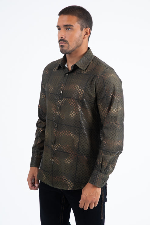 Camisa Platini Modern Fit Stretch Foil Fashion Olive para hombre (FPL11246 Olive)