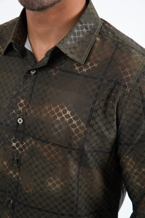 Camisa Platini Modern Fit Stretch Foil Fashion Olive para hombre (FPL11246 Olive)