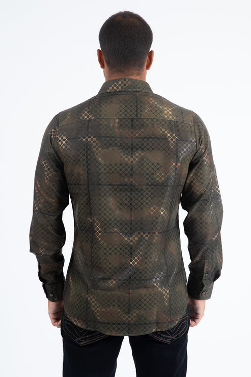 Camisa Platini Modern Fit Stretch Foil Fashion Olive para hombre (FPL11246 Olive)