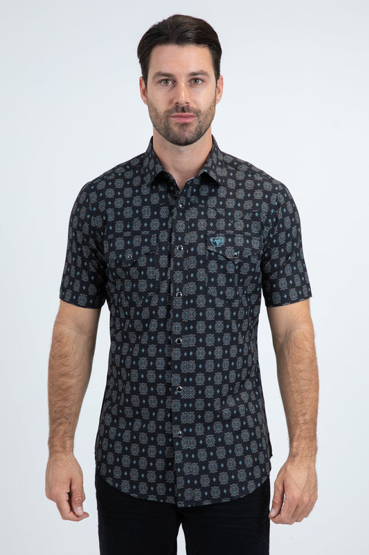 Platini Men's Kaleidoscope Western Short Sleeve Shirt (PGW11144 Black)