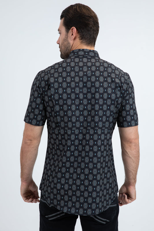 Platini Men's Kaleidoscope Western Short Sleeve Shirt (PGW11144 Black)