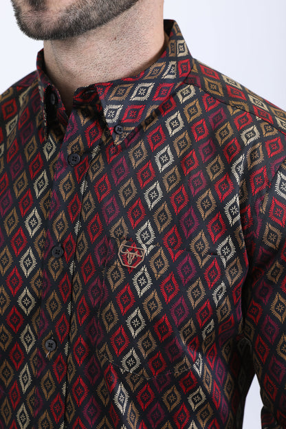 Camisa Platini de algodón satinado de manga larga negra para hombre (CWL10753 Negro)