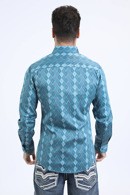 Platini Men's Satin Cotton Modern Fit Long Sleeve Turquoise Shirt (CWL10756 Turquoise)