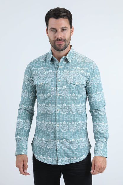 Camisa Platini de algodón/spandex de manga larga azul con broches y corte moderno para hombre (WPL11157 Azul)