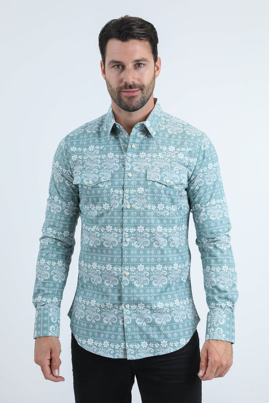Camisa Platini de algodón/spandex de manga larga azul con broches y corte moderno para hombre (WPL11157 Azul)
