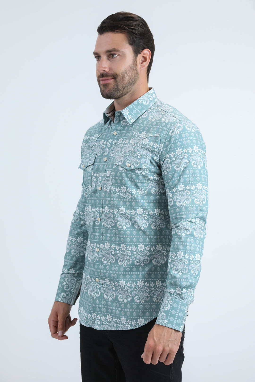 Camisa Platini de algodón/spandex de manga larga azul con broches y corte moderno para hombre (WPL11157 Azul)