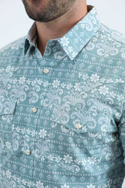 Camisa Platini de algodón/spandex de manga larga azul con broches y corte moderno para hombre (WPL11157 Azul)