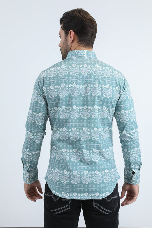 Camisa Platini de algodón/spandex de manga larga azul con broches y corte moderno para hombre (WPL11157 Azul)