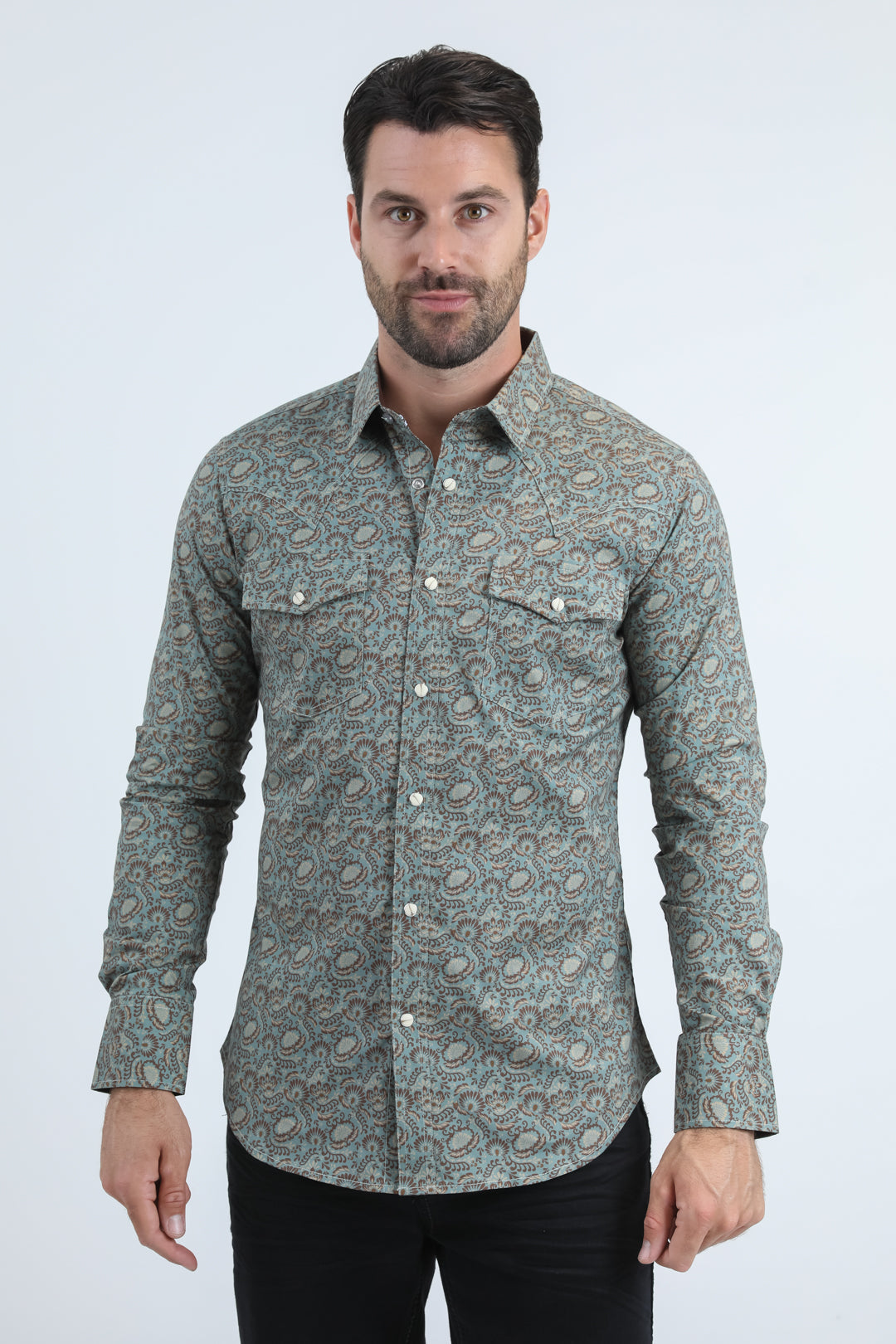 Camisa Platini de algodón/spandex de manga larga azul con broches y corte moderno para hombre (WPL11161 Azul)