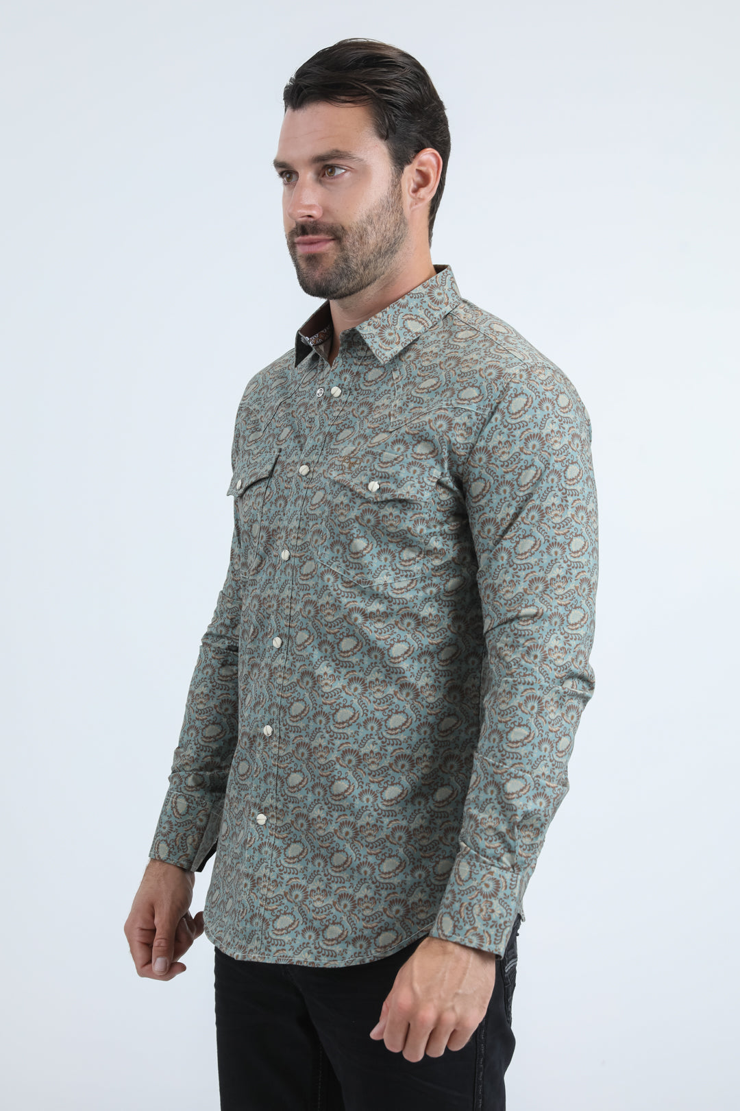 Camisa Platini de algodón/spandex de manga larga azul con broches y corte moderno para hombre (WPL11161 Azul)