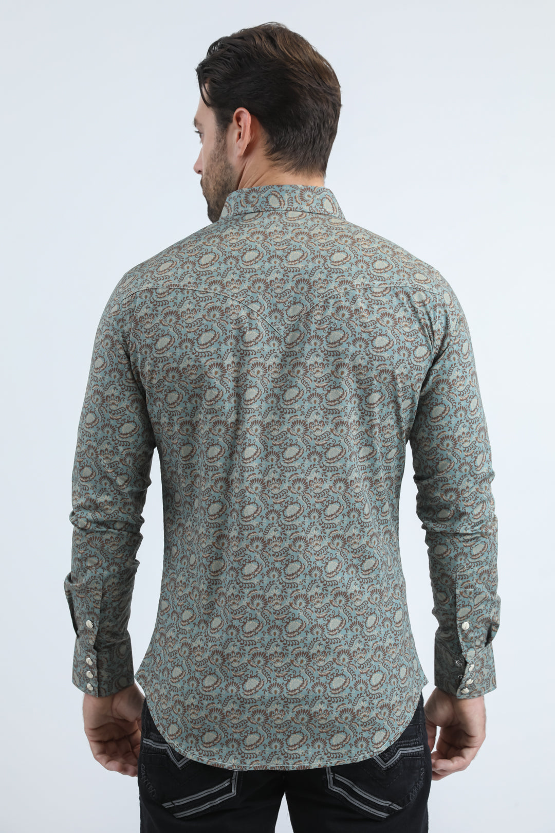 Camisa Platini de algodón/spandex de manga larga azul con broches y corte moderno para hombre (WPL11161 Azul)