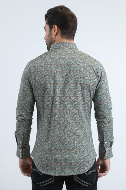 Camisa Platini de algodón/spandex de manga larga azul con broches y corte moderno para hombre (WPL11161 Azul)