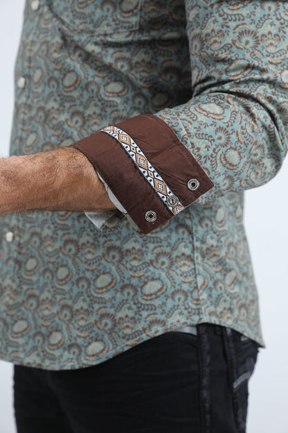 Camisa Platini de algodón/spandex de manga larga azul con broches y corte moderno para hombre (WPL11161 Azul)