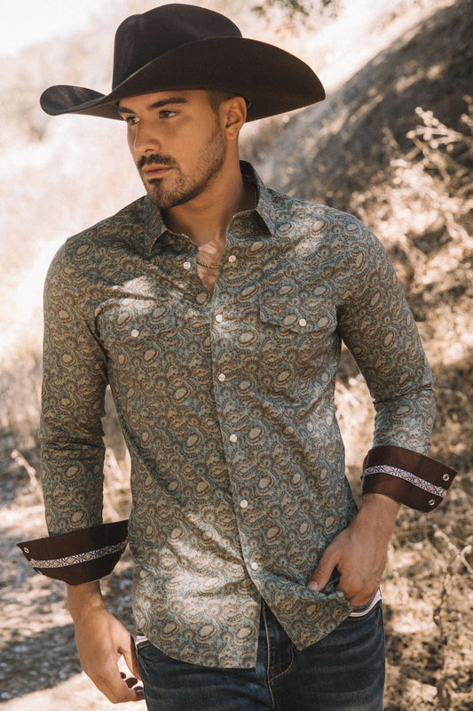 Camisa Platini de algodón/spandex de manga larga azul con broches y corte moderno para hombre (WPL11161 Azul)