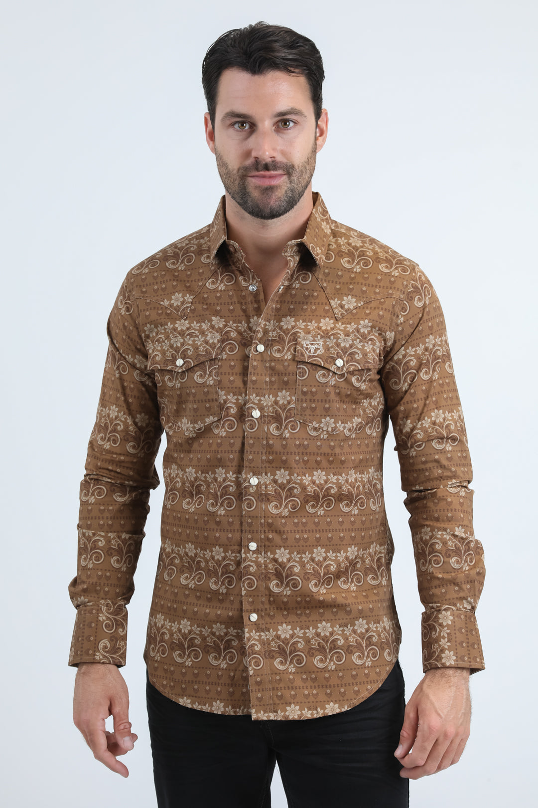 Camisa Platini de manga larga en algodón/spandex con corte moderno estilo western para hombre, color camello, con broches (WPL11156 Camel)