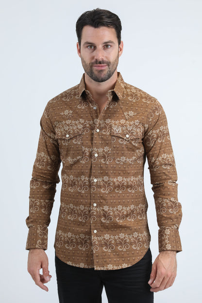 Camisa Platini de manga larga en algodón/spandex con corte moderno estilo western para hombre, color camello, con broches (WPL11156 Camel)