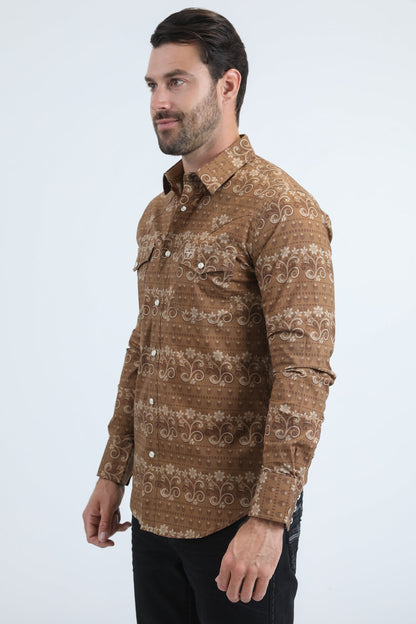 Camisa Platini de manga larga en algodón/spandex con corte moderno estilo western para hombre, color camello, con broches (WPL11156 Camel)