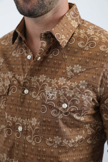 Camisa Platini de manga larga en algodón/spandex con corte moderno estilo western para hombre, color camello, con broches (WPL11156 Camel)