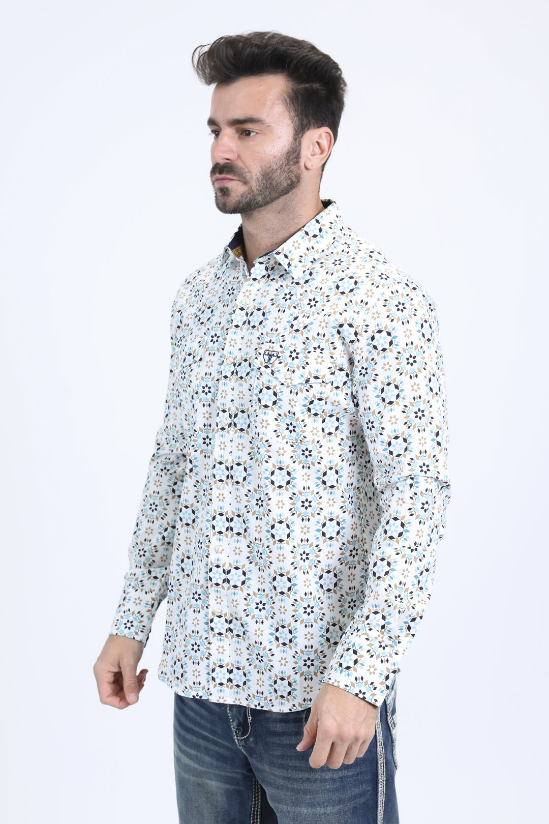 Camisa Platini de algodón/spandex de manga larga blanca con broches y corte moderno para hombre (WPL10669 Blanco)